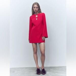 Nwt Zara Neon Fuschia Cutout Long Sleeve Mini Dress Size XS